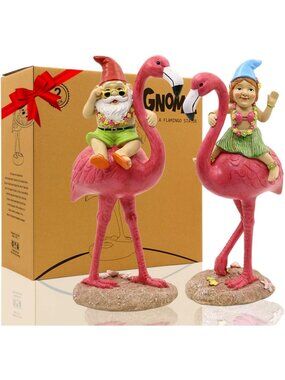 Adorable Gnome Riding Flamingo Statues - 11" Pink Garden Decor & Gifts, Beach